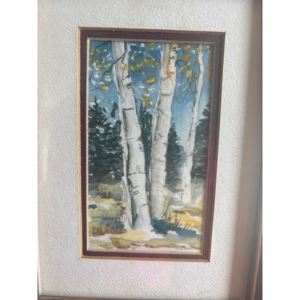 Vintage Birch Tree Watercolor Painting Framed Landscape Forest Nature Art - Picture 2 of 5
